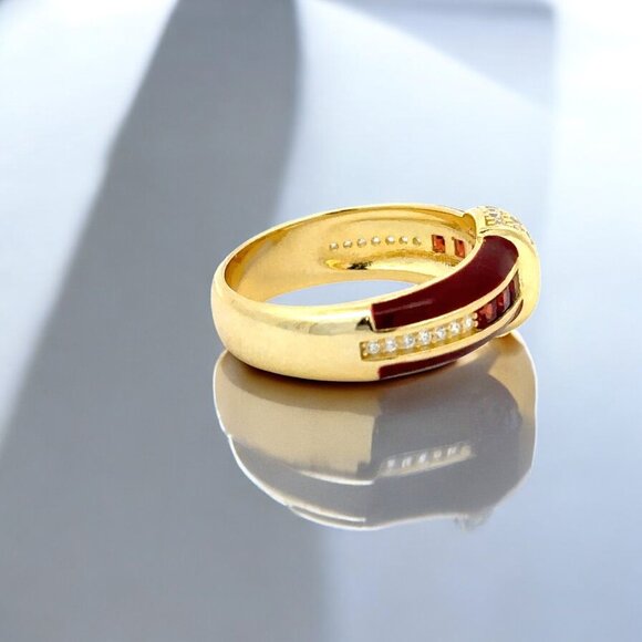 Princess Cut Garnet and Lab Diamond Red Enamel Ring - Picture 3 of 4